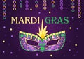 Mardi Gras carnival. Greeting card with ballons and mask. Masquerade party. Carnaval background for poster, postcard, party invita